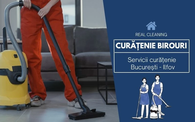 Curățenia de birouri București – echipa Real Cleaning la lucru în spațiu corporate.